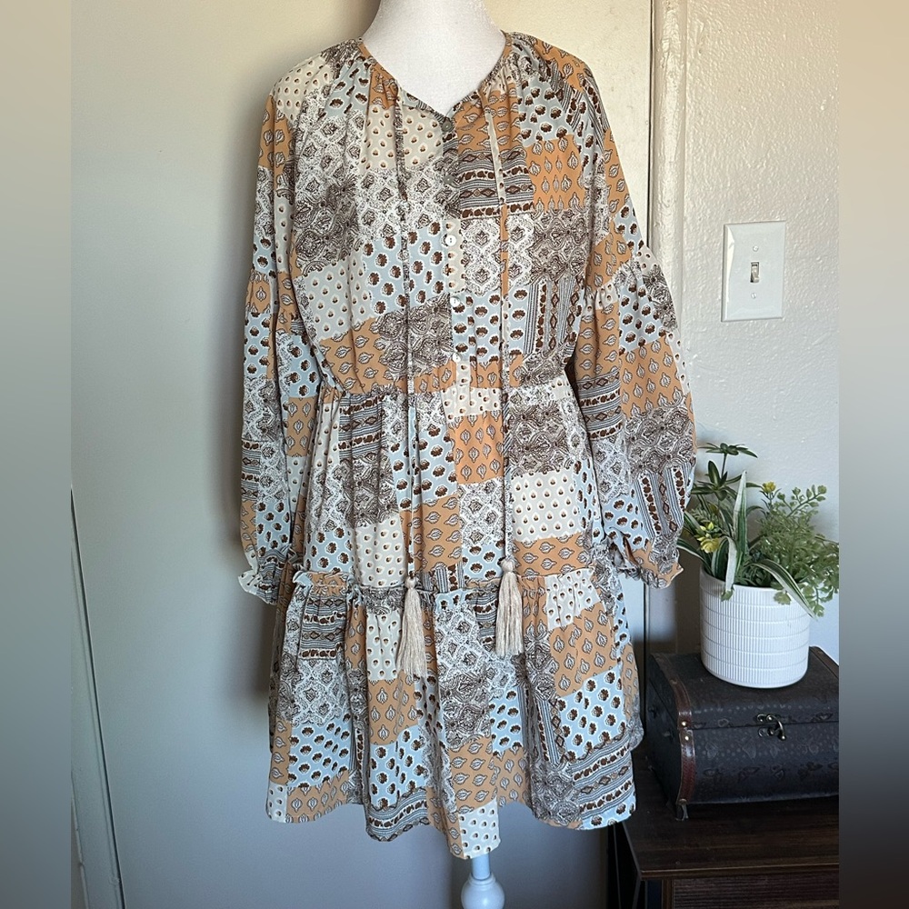 Pink Lily Long Sleeve Patchwork Dress‎ - Cream and Brown women size small